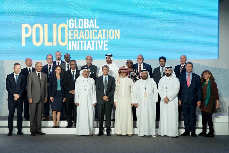 SAADIYAT ISLAND, ABU DHABI, UNITED ARAB EMIRATES - November 19, 2019: HH Sheikh Mohamed bin Zayed Al Nahyan, Crown Prince of Abu Dhabi and Deputy Supreme Commander of the UAE Armed Forces (2nd row C) stands for a photograph, during the Reaching the Last Mile Forum, at the Louvre Abu Dhabi. Seen with Bill Gates, Co-chair and Trustee of Bill & Melinda Gates Foundation (front row 6th R) and HRH Prince Alwaleed bin Talal bin Abdulaziz Al Saud, Chairman of the Kingdom Holding Company (front row 5th R).

( Rashed Al Mansoori / Ministry of Presidential Affairs )
---