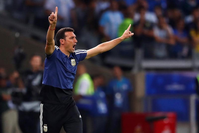 Argentina manager Lionel Scaloni reacts during the match against Paraguay. EPA