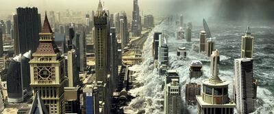 Dubai’s skyline is among the victims of a formidable natural disaster in Geostorm. Courtesy Warner Bros