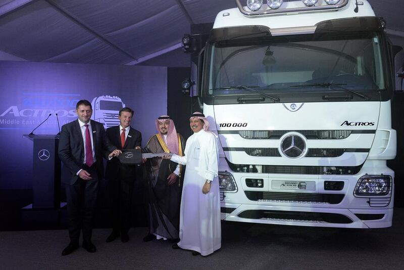 The 100,000th Mercedes-Benz’s Actros lorry sold in the Mena region is handed over to Sheikh Hamoud Al Khaldi, the chairman of Al Khaldi, in the presence of the Mercedes representatives Wolfgang Bernhard and Roland Schneider, plus Sheik Khaled Juffali, the vice president of Saudi Arabia’s Daimler distributor EA Juffali Brothers. Courtesy Mojo