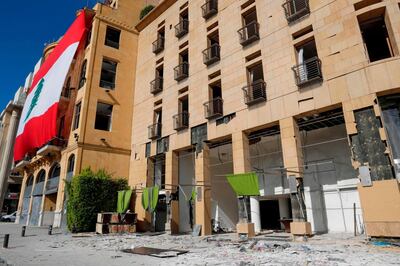 A view shows the damaged exterior of the Le Gray hotel, after clashes the night before following a demonstration against a political leadership they blame for a monster explosion, in downtown Beirut on August 9, 2020.  / AFP / european afp / ANWAR AMRO

