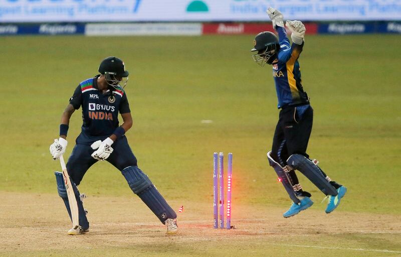 India's Krunal Pandya is bowled by Sri Lanka's Wanindu Hasaranga.