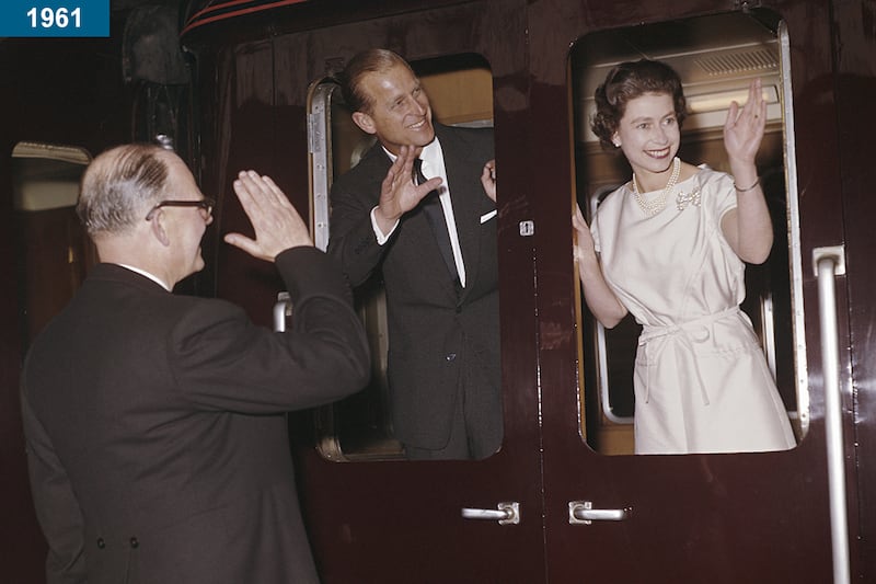 1961: The queen and Prince Philip leave Manchester by train.