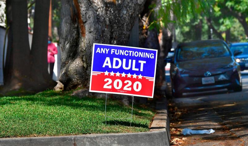 A campaign sign supporting either or neither candidate for the 2020 US Presidential elections is seen in a Pasadena neighborhood on September 27, 2020, California.   AFP