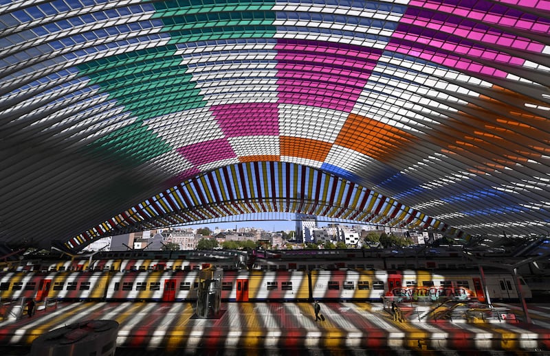 The temporary installation of French artist Daniel Buren at the Liege-Guillemins railway station in Liege. AFP