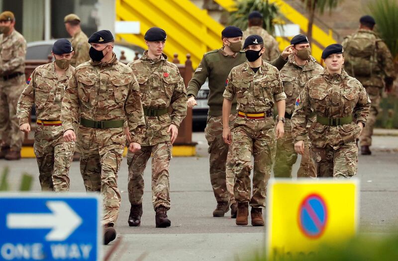 Soldiers walk at the Pontins Southport Holiday Park as they prepare to support Liverpool ahead of a mass testing for the coronavirus disease. Reuters