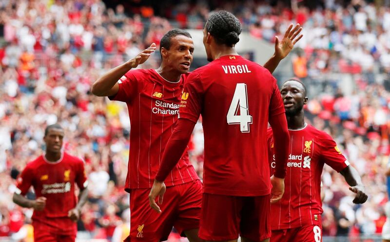 Soccer Football - FA Community Shield - Manchester City v Liverpool - Wembley Stadium, London, Britain - August 4, 2019  Liverpool's Joel Matip celebrates scoring their first goal with Virgil van Dijk   REUTERS/David Klein