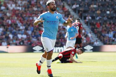 Soccer Football - Premier League - AFC Bournemouth v Manchester City - Vitality Stadium, Bournemouth, Britain - August 25, 2019 Manchester City's Sergio Aguero celebrates scoring their third goal Action Images via Reuters/Matthew Childs EDITORIAL USE ONLY. No use with unauthorized audio, video, data, fixture lists, club/league logos or "live" services. Online in-match use limited to 75 images, no video emulation. No use in betting, games or single club/league/player publications. Please contact your account representative for further details.