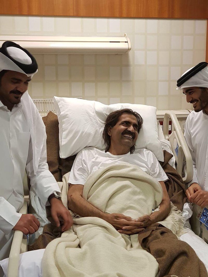 Sheikh Joaan tweeted a picture of his father looking happy. He said his father underwent a simple surgical procedure for the fracture and wished him well. Twitter / JoaanBinHamad