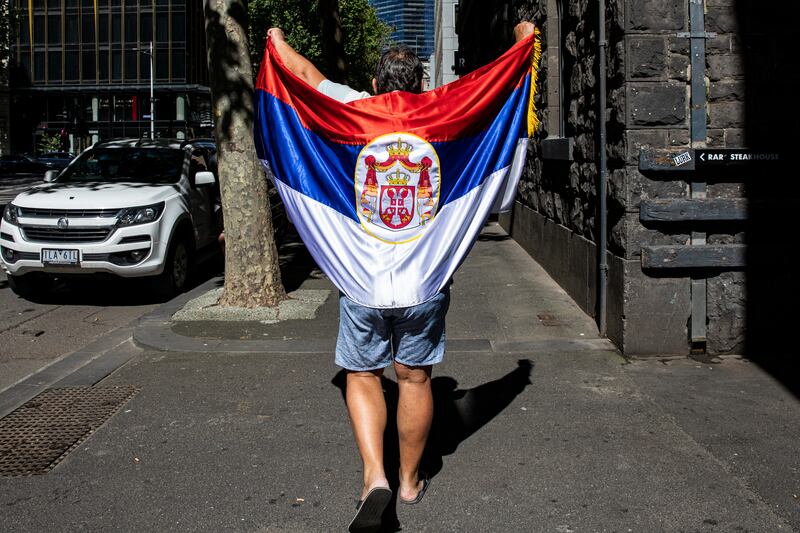 Goran Zabic, a Serbian supporter of tennis player Novak Djokovic, arrives in front of the office of Djokovic's lawyers on January 16, 2022 in Melbourne, Australia. Getty Images