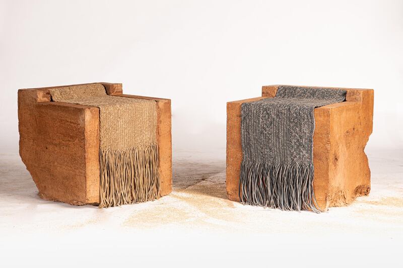 Made with a combination of materials such as water, sand, concerete and clay, these chairs have been designed by Nada Taryam, Faisal Tabbarah and Khawla Al Hashimi. The woven covers are made from camel leather. Courtesy Irthi