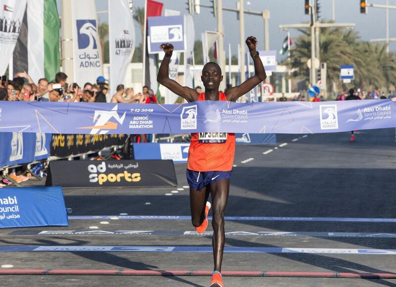 ABU DHABI, UNITED ARAB EMIRATES- Winner for men’s division 42km Kipserem  finishing the race at the ADNOC ABU Abu Dhabi Marathon.  Leslie Pableo for The National 