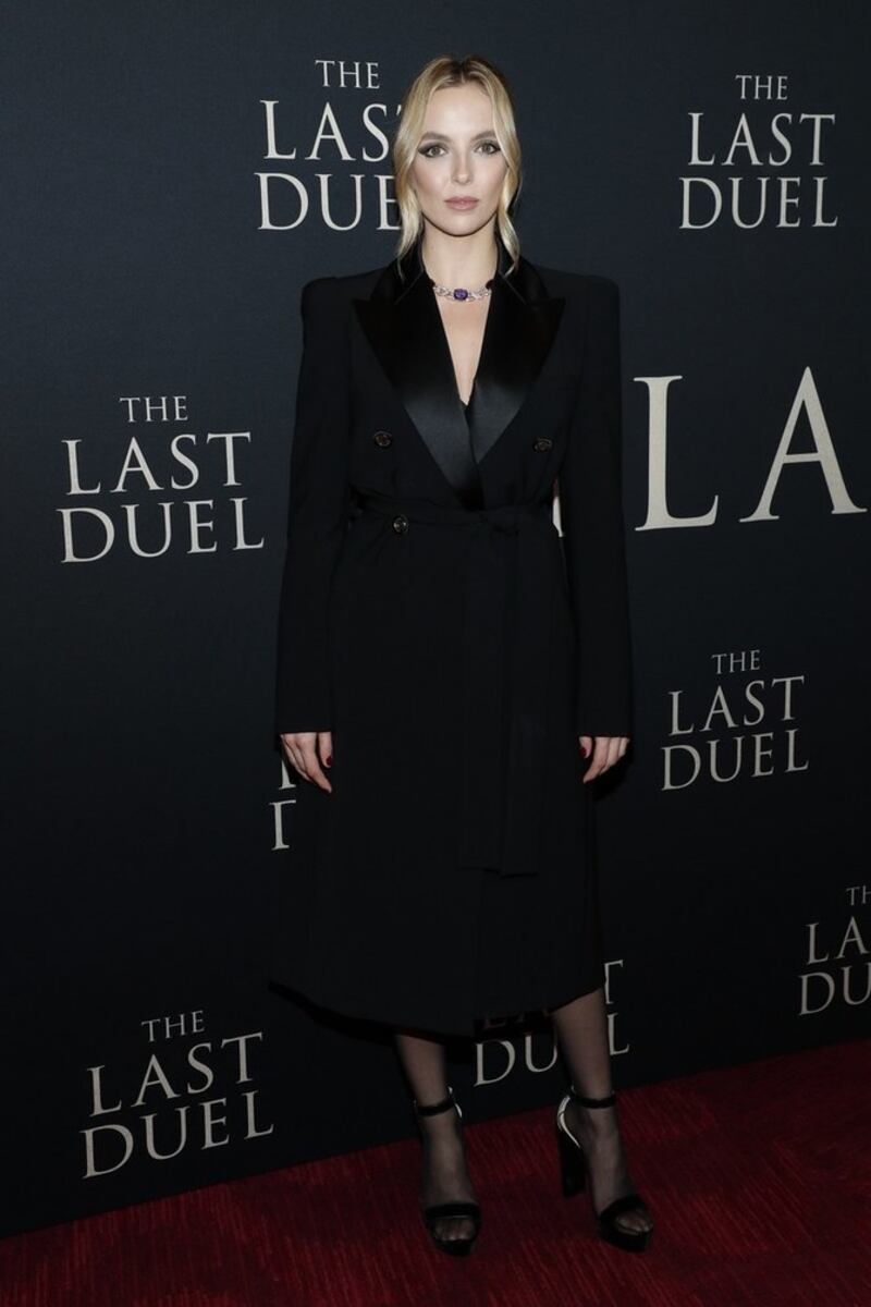 For the October New York premiere of 'The Last Duel', English actress Jodie Comer wore a double-breasted coat dress from the Elie Saab autumn/winter 2021 collection. Getty Images