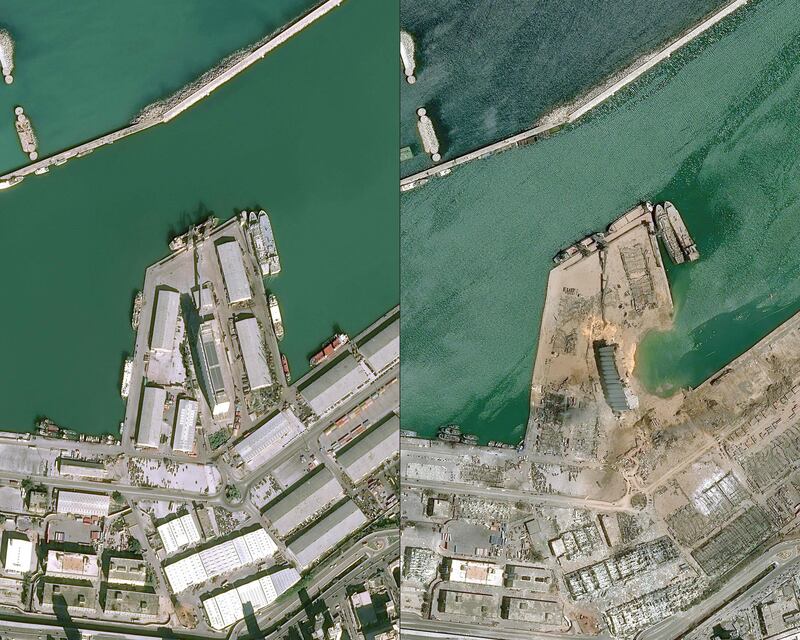 A view of the port of Beirut on January 25, 2020, left, and on August 5, 2020, a day after the explosion. AFP