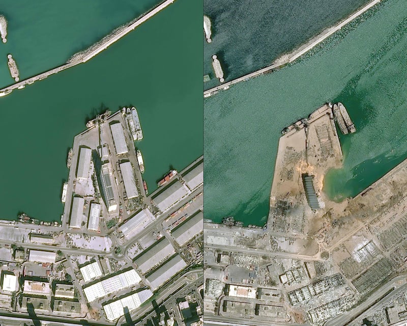 A view of the port of Beirut on January 25, 2020, left, and on August 5, 2020, a day after the explosion. AFP