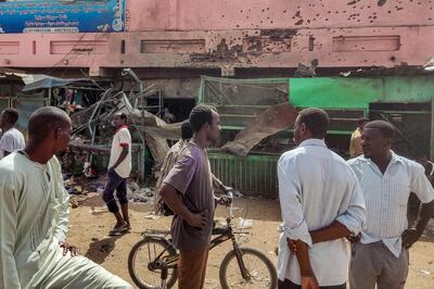 A medical centre riddled with bullet holes at the Souq Sitta (Market Six) in southern Khartoum on Thursday. AFP
