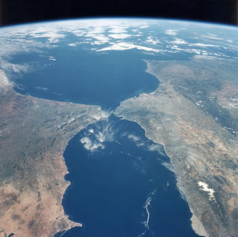 The Strait of Gibraltar, as seen from the space shuttle Endeavour during NASA's STS-77 mission, May 1996. Spain is on the right and Morocco on the left, with the Atlantic Ocean at the top and the Mediterranean at the bottom. There are only eight miles of water between the two countries at the strait's narrowest point. (Photo by Space Frontiers/Getty Images)