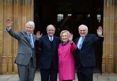 Left to right, former US president Bill Clinton, former US senator George Mitchell, former US secretary of state Hillary Clinton and former Irish prime minister (Taoiseach) Bertie Ahern in Belfast. EPA 