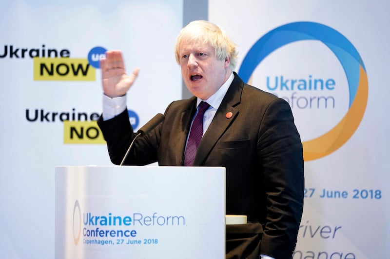 Britain's Foreign Secretary Boris Johnson delivers a speech, during the second international Ukraine Reform Conference, in Copenhagen, Denmark, Wednesday, June 27, 2018. (Martin Sylvest/Ritzau Scanpix via AP)