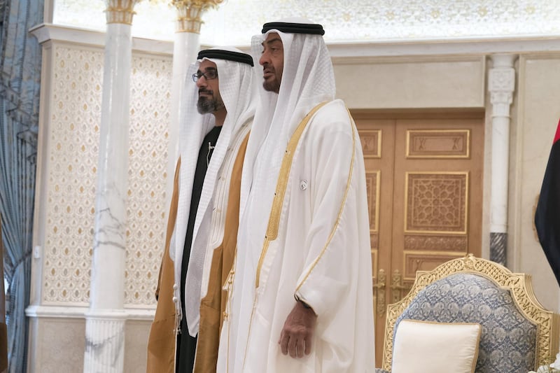 ABU DHABI, UNITED ARAB EMIRATES - March 10, 2019: HH Sheikh Mohamed bin Zayed Al Nahyan, Crown Prince of Abu Dhabi and Deputy Supreme Commander of the UAE Armed Forces (R) and HH Major General Sheikh Khaled bin Mohamed bin Zayed Al Nahyan, Deputy National Security Adviser (L), stand for a photograph during a swearing-in ceremony for new members of the Abu Dhabi Executive Council, at the Presidential Palace.

( Mohamed Al Hammadi / Ministry of Presidential Affairs )
---