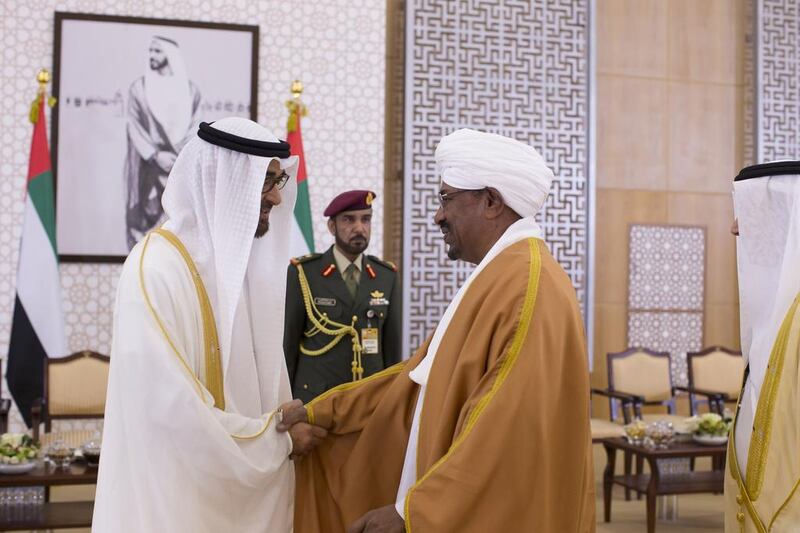 Sheikh Mohammed bin Zayed, Crown Prince of Abu Dhabi and Deputy Supreme Commander of the Armed Forces, receives Omar Al Bashir, the president of Sudan, at a reception before the opening of Idex 2015 in Abu Dhabi. Ryan Carter / Crown Prince Court Abu Dhabi