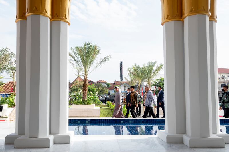 Sheikh Mohamed and Mr Widodo arrive for the opening ceremony. 