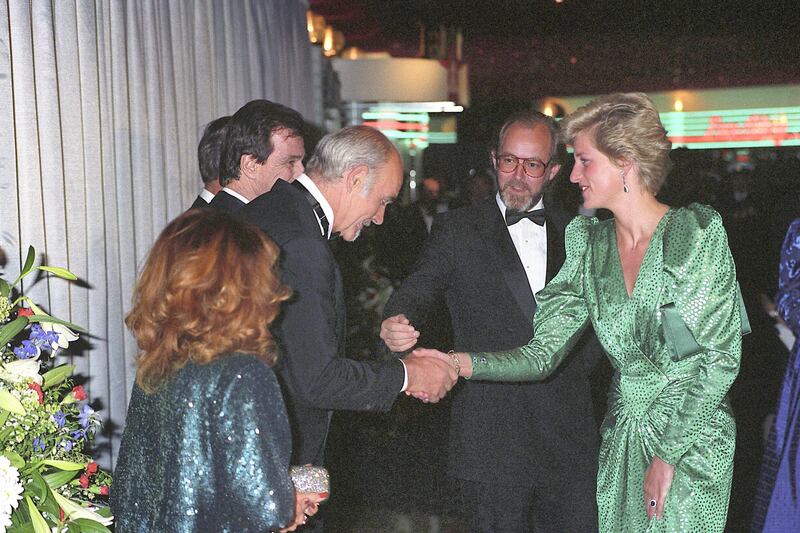 The Princess of Wales greeting Sean Connery, star of the new film, The Hunt for Red October, before its premiere at the Empire Theatre in Leicester Square. The former 007 star plays the part of a defecting Captain of a Russian Submarine.