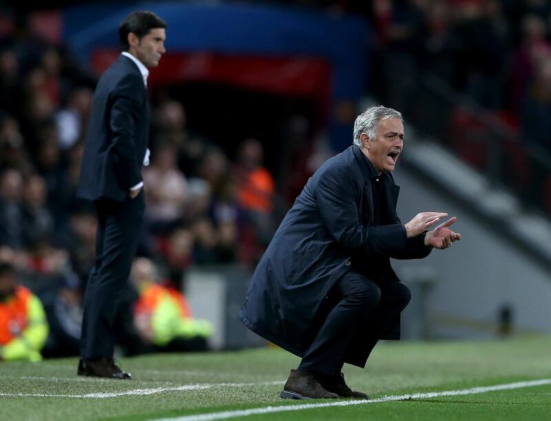 Manchester United's manager Jose Mourinho shouts out instructions during the match. EPA