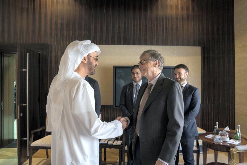 ABU DHABI, UNITED ARAB EMIRATES - April 08, 2016: HH Sheikh Mohamed bin Zayed Al Nahyan, Crown Prince of Abu Dhabi and Deputy Supreme Commander of the UAE Armed Forces (L) meets with Bill Gates, Co-chair, Bill & Melinda Gates Foundation (R), at Al Shati Palace.
( Mohamed Al Hammadi / Crown Prince Court - Abu Dhabi )