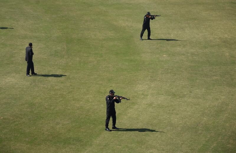 Security personnel conduct a drill ahead of a first Test between Pakistan and Australia at the Rawalpindi Cricket Stadium. AP