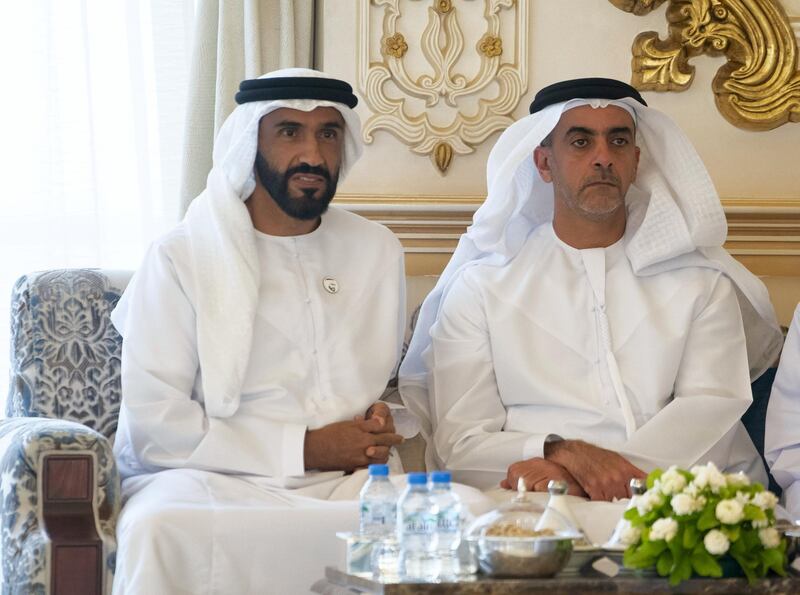 ABU DHABI, UNITED ARAB EMIRATES - August 06, 2019: HH Sheikh Nahyan Bin Zayed Al Nahyan, Chairman of the Board of Trustees of Zayed bin Sultan Al Nahyan Charitable and Humanitarian Foundation (L) and HH Lt General Sheikh Saif bin Zayed Al Nahyan, UAE Deputy Prime Minister and Minister of Interior (R), attend a Sea Palace barza.

( Mohamed Al Hammadi / Ministry of Presidential Affairs )
---
