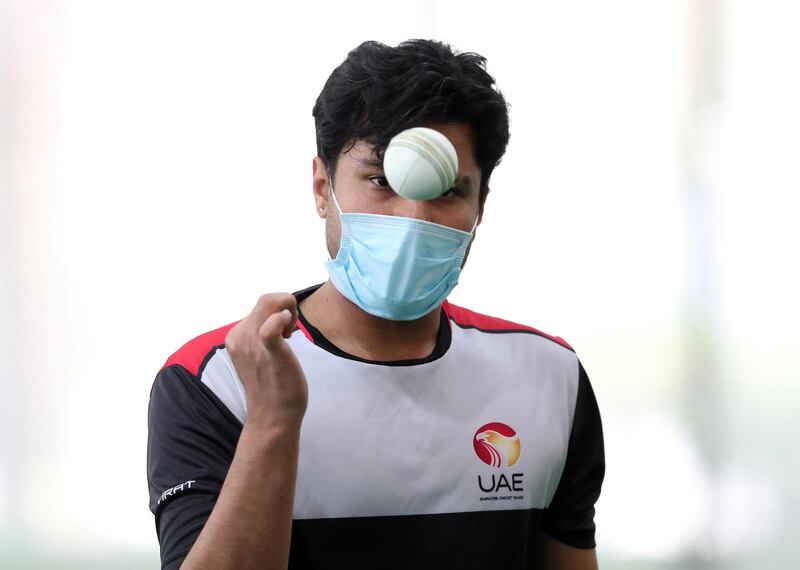 Dubai, United Arab Emirates - Reporter: Paul Radley. Sport.  Imran Haider. The UAE cricket team are back at training at the ICC academy after the government have eased restrictions due to Coivd-19/Coronavirus. Sunday, June 7th, 2020. Dubai. Chris Whiteoak / The National