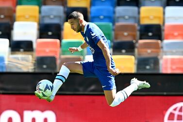 UDINE, ITALY - JULY 30: Hakim Ziyech of Chelsea leaps for the ball during a pre season behind closed doors friendly match between Udinese and Chelsea at Dacia Arena on July 30, 2022 in Udine, . (Photo by Darren Walsh/Chelsea FC via Getty Images)