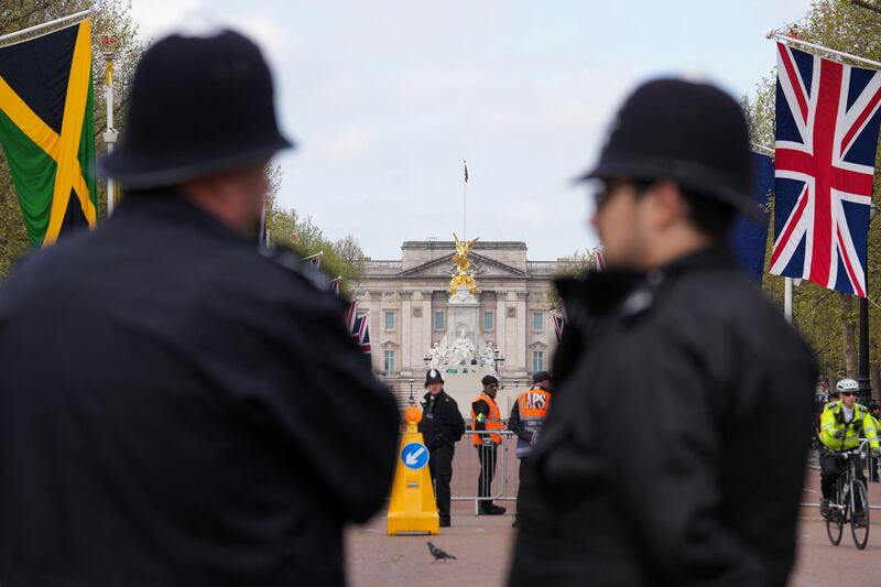 Police officers on duty ahead of King Charles's coronation on The Mall in London on Wednesday. Reuters
