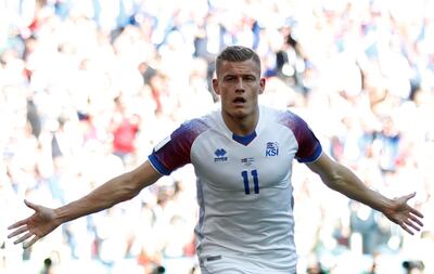 Soccer Football - World Cup - Group D - Argentina vs Iceland - Spartak Stadium, Moscow, Russia - June 16, 2018   Iceland's Alfred Finnbogason celebrates scoring their first goal    REUTERS/Carl Recine