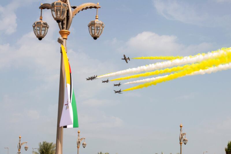 ABU DHABI, UNITED ARAB EMIRATES - February 4, 2019: Day two of the UAE papal visit - The Al Fursan UAE Air Force aerobatic display team participate during a reception held for His Holiness Pope Francis, Head of the Catholic Church (not shown), at the Presidential Palace.
( Saeed Al Neyadi / Ministry of Presidential Affairs )
---