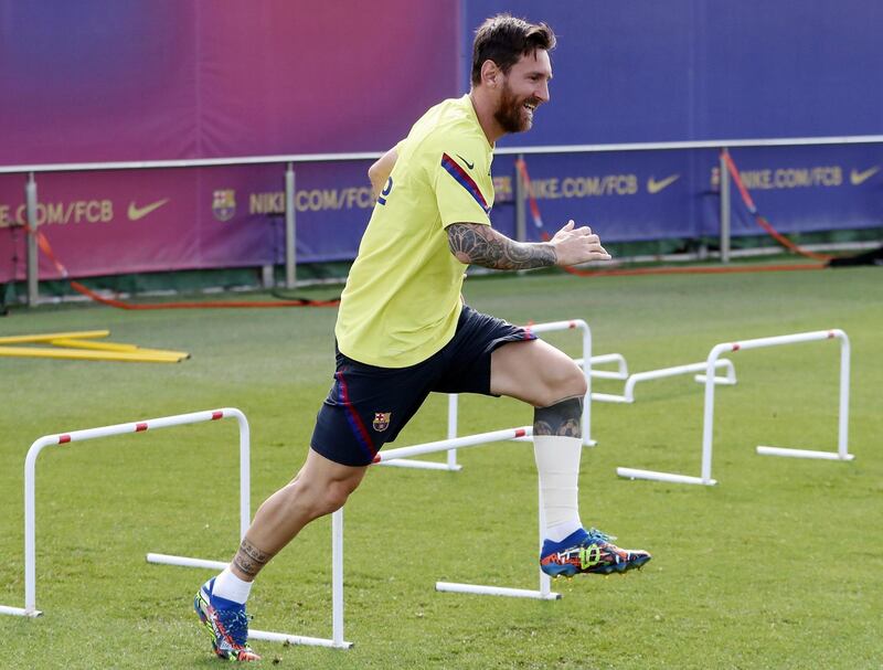 epa08597674 A handout photo made available by Spanish soccer club FC Barcelona shows FC Barcelona's Lionel Messi during a training session of the team in Barcelona, Spain, 11 August 2020. FC Barcelona will face Bayern Munich on 14 August in a UEFA Champions League quarter-final soccer match.  EPA/FC BARCELONA / HO  HANDOUT EDITORIAL USE ONLY/NO SALES