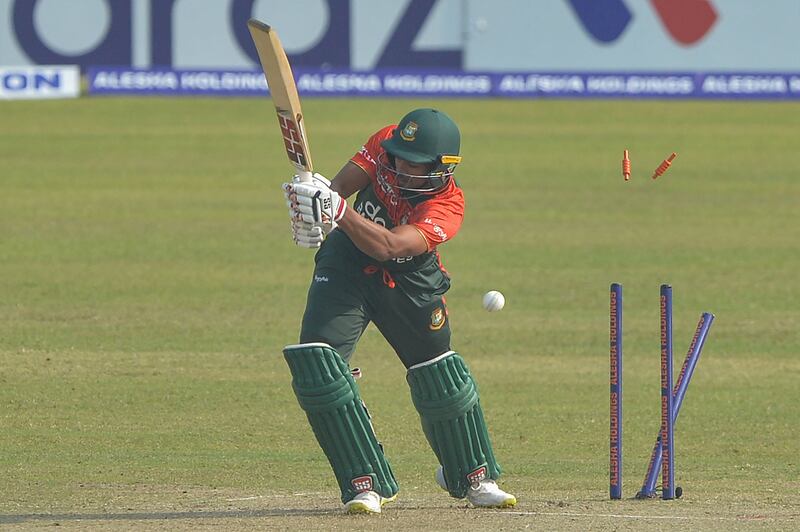 Bangladesh's Najmul Hossain is bowled in Dhaka. AFP