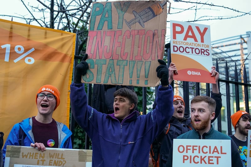 Junior doctors on a picket line outside the Royal Victoria Infirmary in Newcastle at the start of their six-day strike. Getty Images