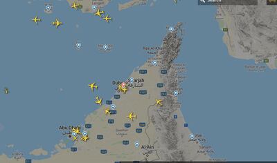 The airspace over the UAE on Sunday, March 29. Courtesy FlightRadar24.