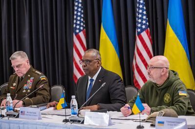 Chairman of the US Joint Chiefs of Staff Gen Mark Milley, US Secretary of Defence Lloyd Austin and Ukrainian Defence Minister Oleksii Reznikov in Germany last week. Getty 