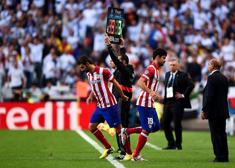 Diego Costa of Atletico Madrid is replaced by Adrian Lopez during the Uefa Champions League Final against Real Madrid on May 24, 2014 in Lisbon, Portugal. Laurence Griffiths/Getty Images