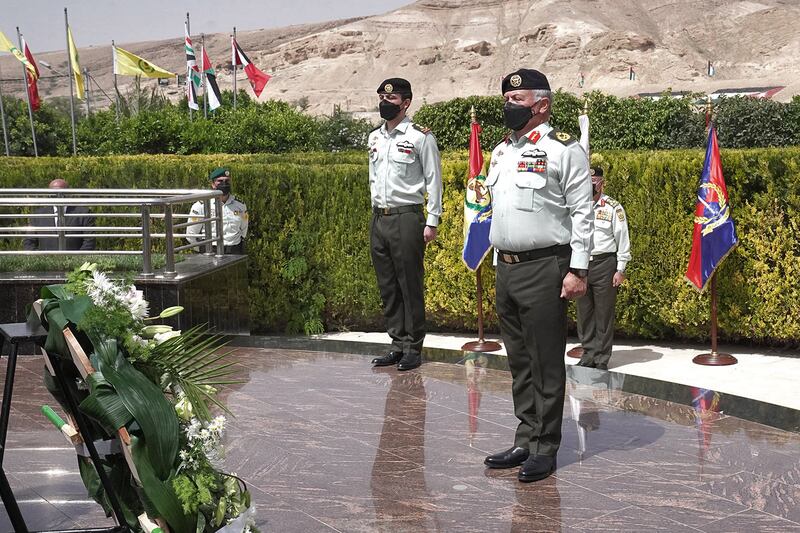 King Abdullah was accompanied by his son Crown Prince Hussein, left.  The 1968 clash between Israel and Jordanian and Palestinian forces gained recognition as an example of Arab fighters standing against the Israeli military. AFP