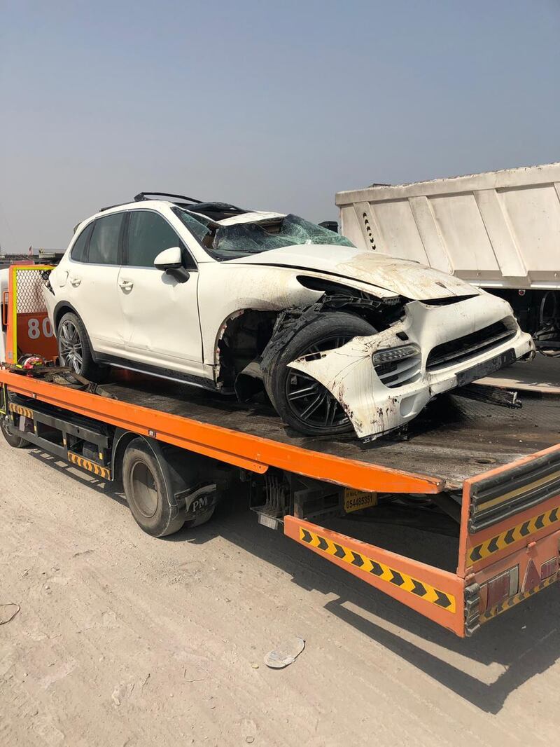 The Emirati teacher died on Tuesday when her Porsche veered off the road and smashed into the central reservation. Courtesy RAK Police