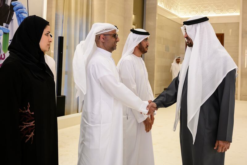 The President greets Jassim Al Zaabi, Abu Dhabi Executive Council Member and Chairman of the Abu Dhabi Department of Finance