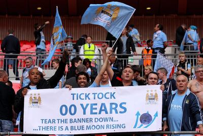 LONDON, ENGLAND - MAY 14:  Manchester City fans show off a banner to Manchester United fans at the end of the FA Cup sponsored by E.ON Final match between Manchester City and Stoke City at Wembley Stadium on May 14, 2011 in London, England. (Photo by Alex Livesey/Getty Images)