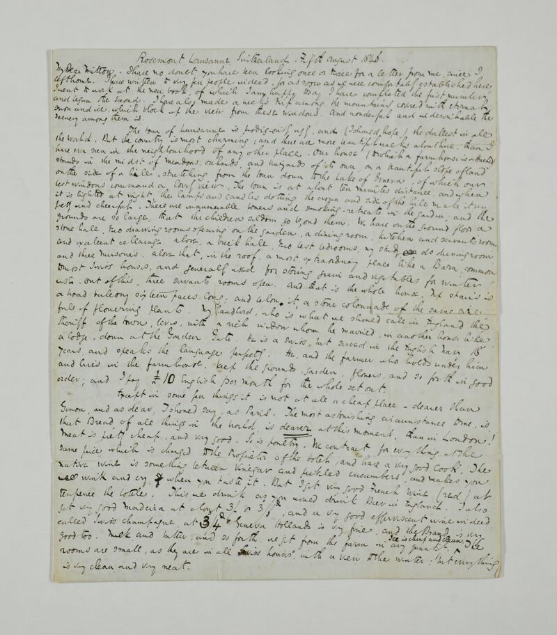 A letter written by Dickens from Lausanne on August 5 1846, to his friend and solicitor Thomas Mitton, in which Dickens describes his stay in Switzerland. PA