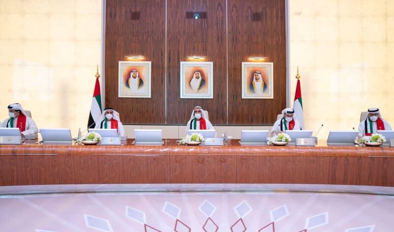 Sheikh Mohammed bin Rashid, Prime Minister and Ruler of Dubai, chairs a UAE Cabinet meeting on Sunday. Seen attending are Sheikh Saif bin Zayed, Deputy Prime Minister and Minister of Interior; Sheikh Mansour bin Zayed, Deputy Prime Minister and Minister of Presidential Affairs, and Mohammed Al Gergawi, Minister of Cabinet Affairs. Courtesy: Sheikh Mohammed bin Rashid Twitter