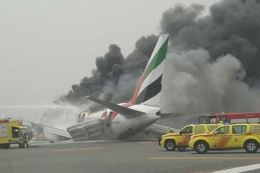 The aftermath of the crash landing of Emirates flight EK521 at Dubai Airport.