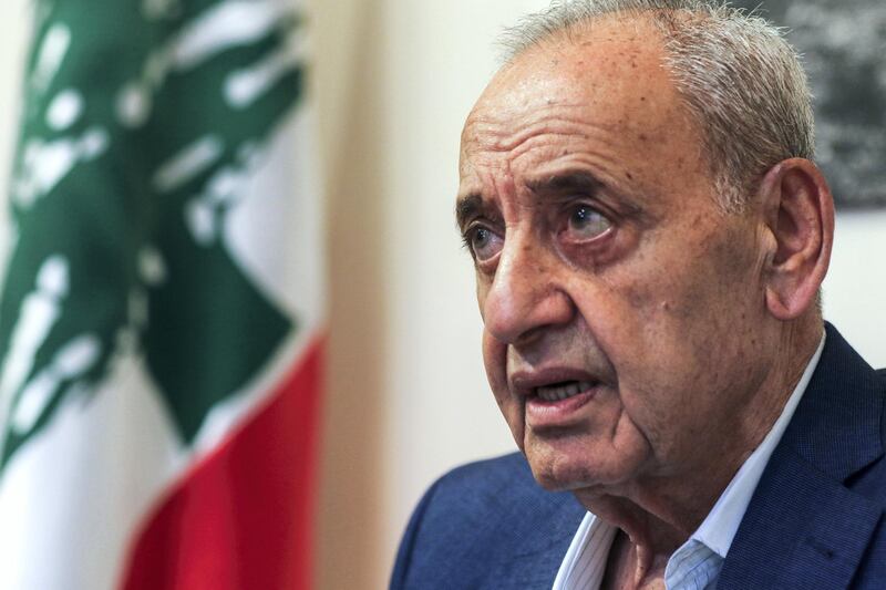 Longtime Lebanese Parliament Speaker Nabih Berri gives an interview with AFP in his home on Msaileh, south of the southern port city of Sidon, on May 8, 2018.
Lebanon's powerful parliament speaker said in an interview on May 8 that the general election's results vindicated a formula in which both the army and the Hezbollah militia guarantee the country's protection.
Polls held two days prior, the first in nine years, saw Hezbollah's allies in parliament garner enough seats to block any attempt by its political foes in parliament to make it disarm. / AFP PHOTO / Mahmoud ZAYYAT